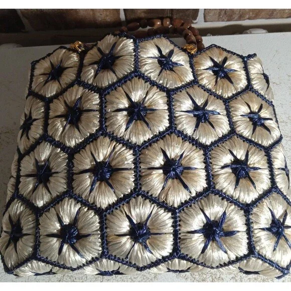 Vintage Straw Woven Blue Star Handbag - Picture 11 of 12